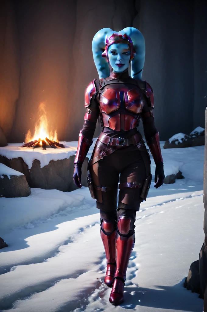 a ((fall body)) ((female twi'lek ))mandalorian,walking on snow fire, beautiful detailed eyes, beautiful detailed lips, extremely detailed face, long eyelashes, mandalorian armor, sci-fi, cinematic lighting, dramatic, epic, intricate details, hyper-realistic, 8k, high-quality, photorealistic