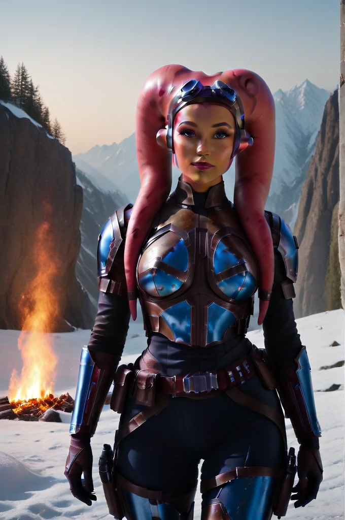 a ((fall body)) ((female twi'lek ))mandalorian,walking on snow fire, beautiful detailed eyes, beautiful detailed lips, extremely detailed face, long eyelashes, mandalorian armor, sci-fi, cinematic lighting, dramatic, epic, intricate details, hyper-realistic, 8k, high-quality, photorealistic
