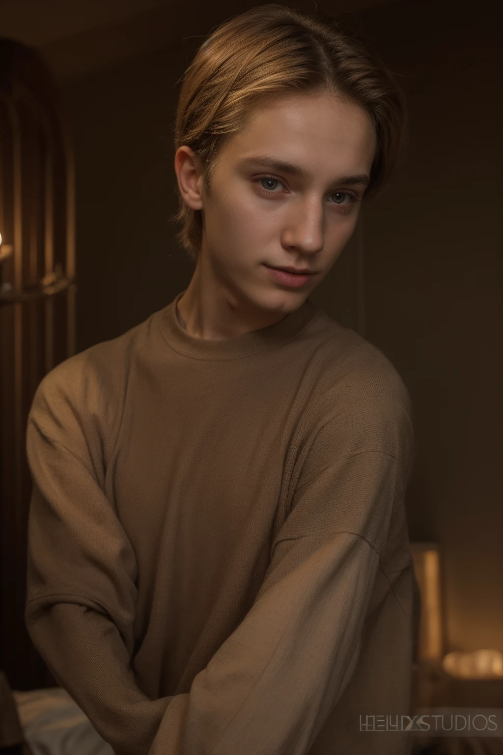 A young male twink, 20 years old, with a cute angel face, with makeup and black hair, wearing a luxurious, long-sleeved, white shirt and brown medieval pants. Behind him is a blackboard with the neurons of the brain written on it, and he looks proudly with an innocent face.
