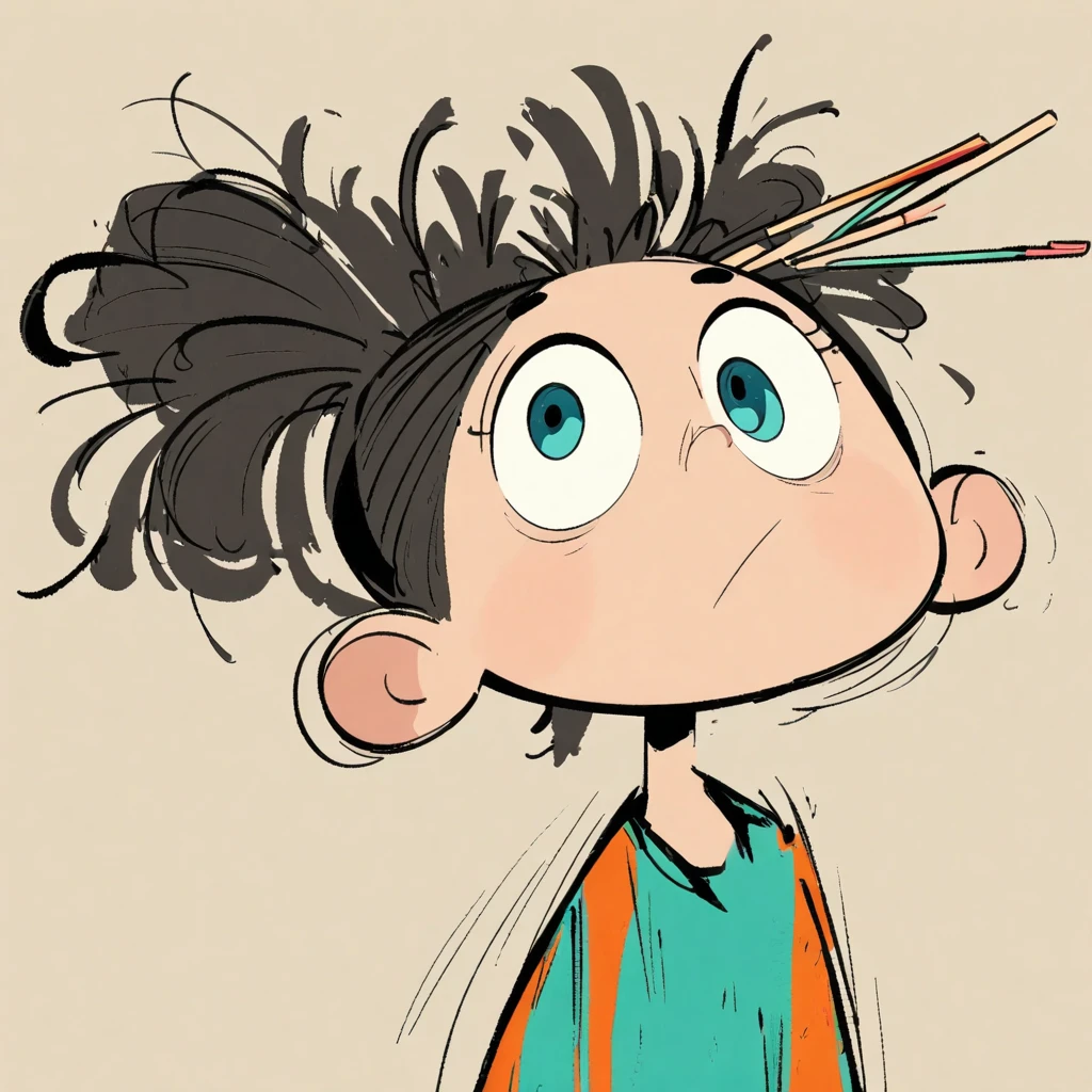 (((Digital character sketch:1.37,Matchstick Men))).(1 Girl,Solitary,big eyes,Pointed nose,(Exaggerated expression,Exaggerated hairstyle),Messy hair),(Black sketch lines,Loose brushstrokes create the outline,Cartoon Style. Bright colors and simplified lines, sketch)。(Exaggerated body movements),(Large area of blank)