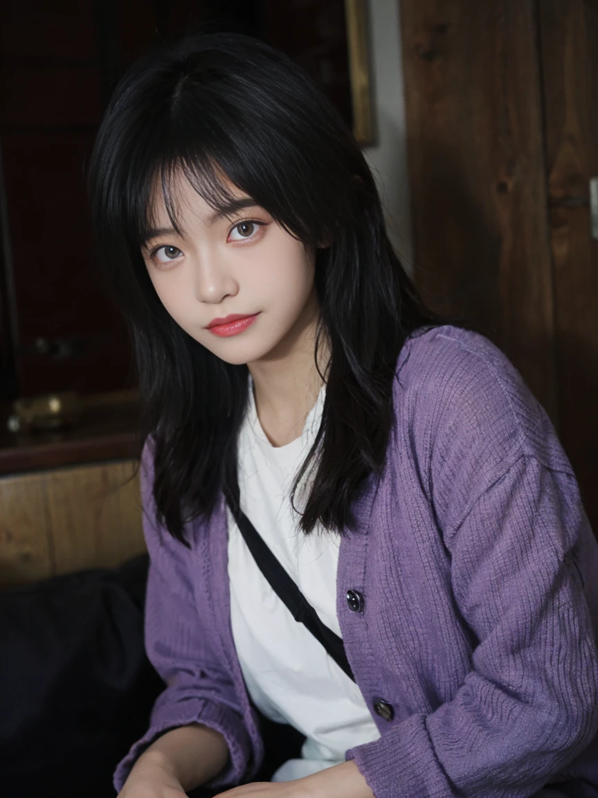 best quality, high quality, A lovely girl, Solitary, Beautiful purple hair, Beautiful purple eyes, A faint smile,