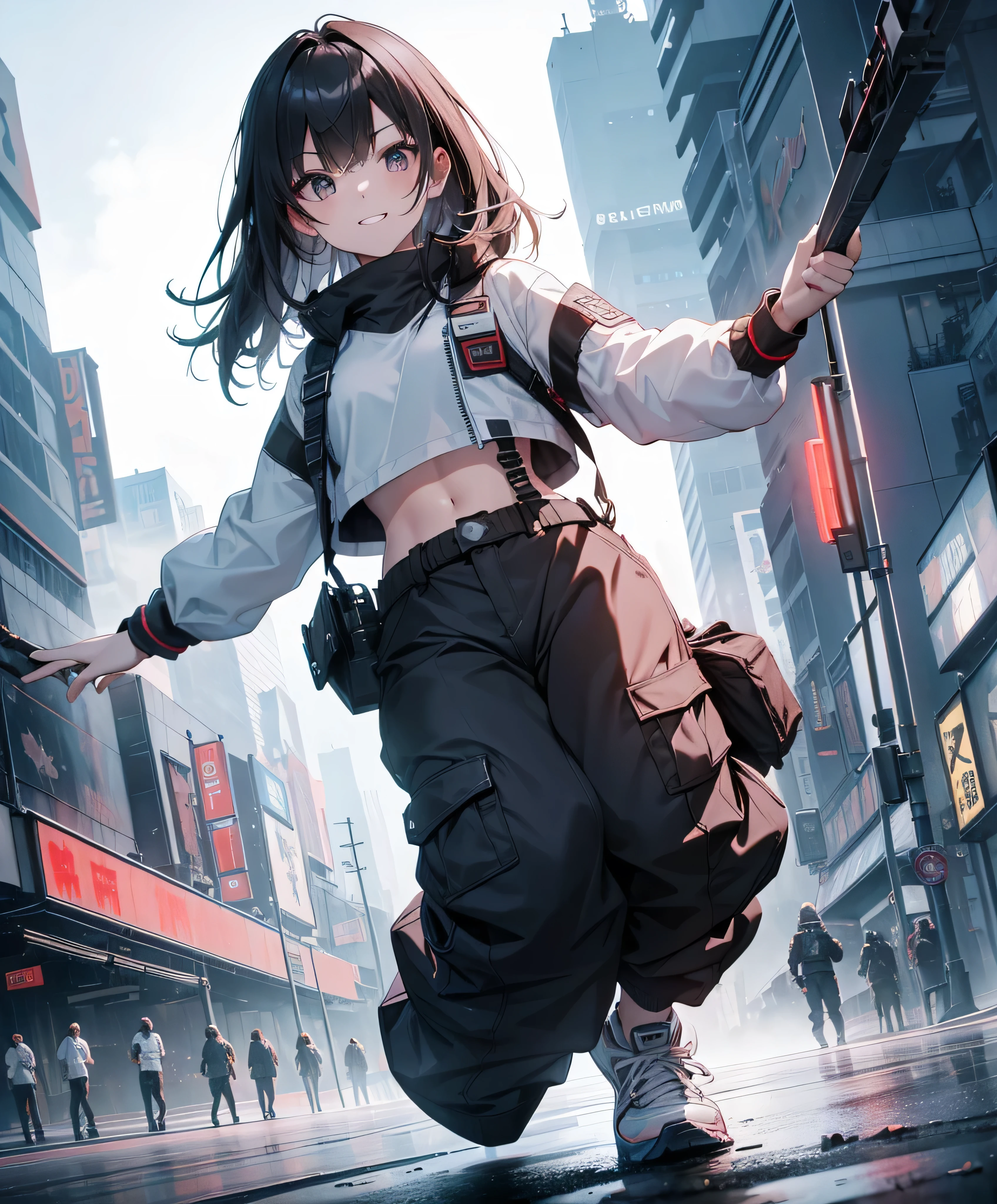 dance、Artistic jump、break dance、Intense movement、dynamism、Cyberpunk Style、Blade Runner atmosphere、Steam is coming out of the exhaust port on the road surface、The road is wet、solo、Fluttering Hair、cute、Beautiful woman、Small Face、White skin、Abdominal muscles、17 years old、Bright smile、Mouth half open、White teeth are visible、(Gradient color of black red hair、Disheveled long hair)、(Cargo pants with line、sporty、White sneakers)、(Delicate and fine fingers、Detailed body、Detailed Weapons、Human hand)、(Detailed face) 、(In 8K、Highest quality: 1.4、masterpiece、 Ultra-high resolution、 Highest Resolution,、Very detailed、 Professional Lighting、 Gray Light Lighting、Low angle from below、Blowing steam into the landscape、Fog in the landscape、Foggy、