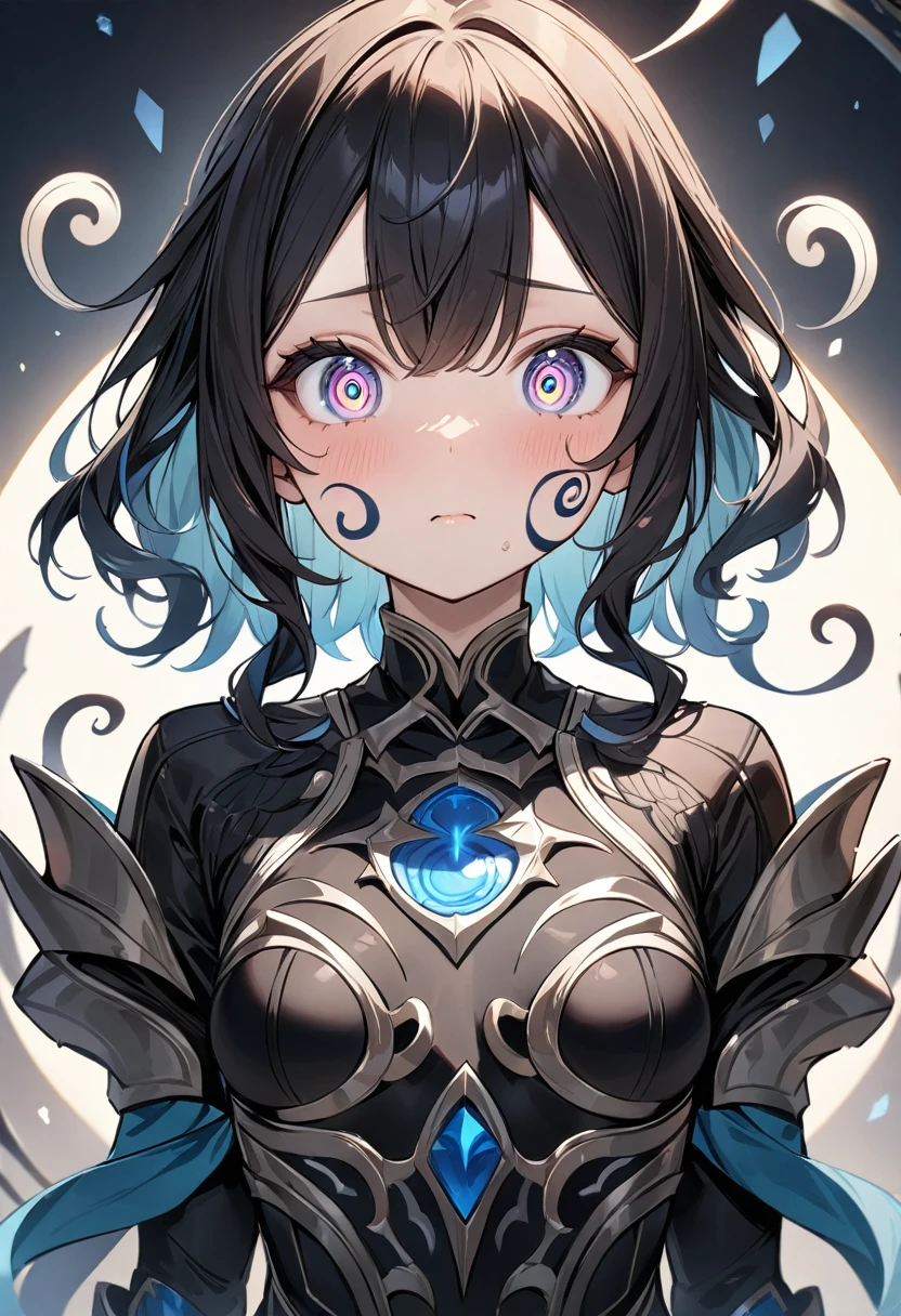 (masterpiece, top quality, very aesthetic, 4k、illustration), intricate detail, 1girl,Standing 、(upper body)、clear face、(Swirling eyes:1.3)、,
Cute 、Random Hair Color、,middle hair,sidelock ,Random Color　eyes、ninjaarmor clothes、small breasts、Slim 、