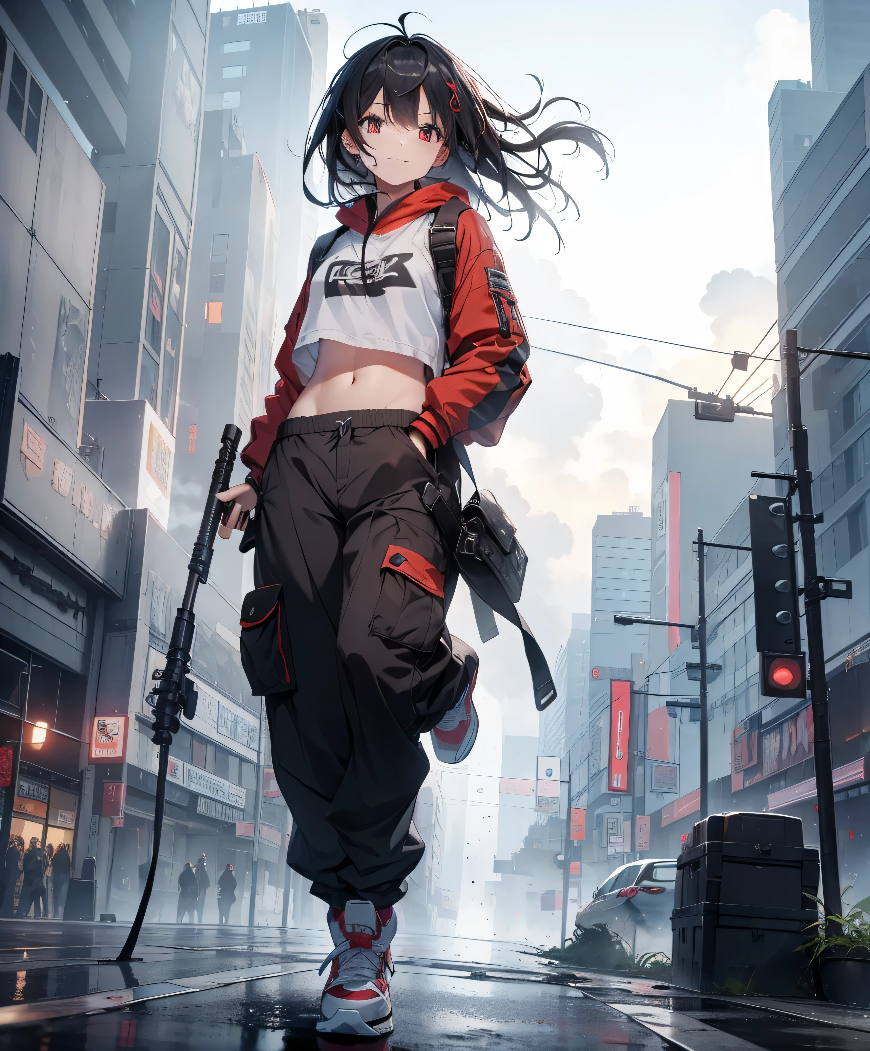 dance、Artistic jump、break dance、Intense movement、dynamism、Cyberpunk Style、Blade Runner atmosphere、Steam is coming out of the exhaust port on the road surface、The road is wet、solo、Fluttering Hair、cute、Beautiful woman、Small Face、White skin、Abdominal muscles、17 years old、Bright smile、Mouth half open、White teeth are visible、(Gradient color of black red hair、Disheveled long hair)、(Cargo pants with line、sporty、White sneakers)、(Delicate and fine fingers、Detailed body、Detailed Weapons、Human hand)、(Detailed face) 、(In 8K、Highest quality: 1.4、masterpiece、 Ultra-high resolution、 Highest Resolution,、Very detailed、 Professional Lighting、 Gray Light Lighting、Low angle from below、Blowing steam into the landscape、Fog in the landscape、Foggy、