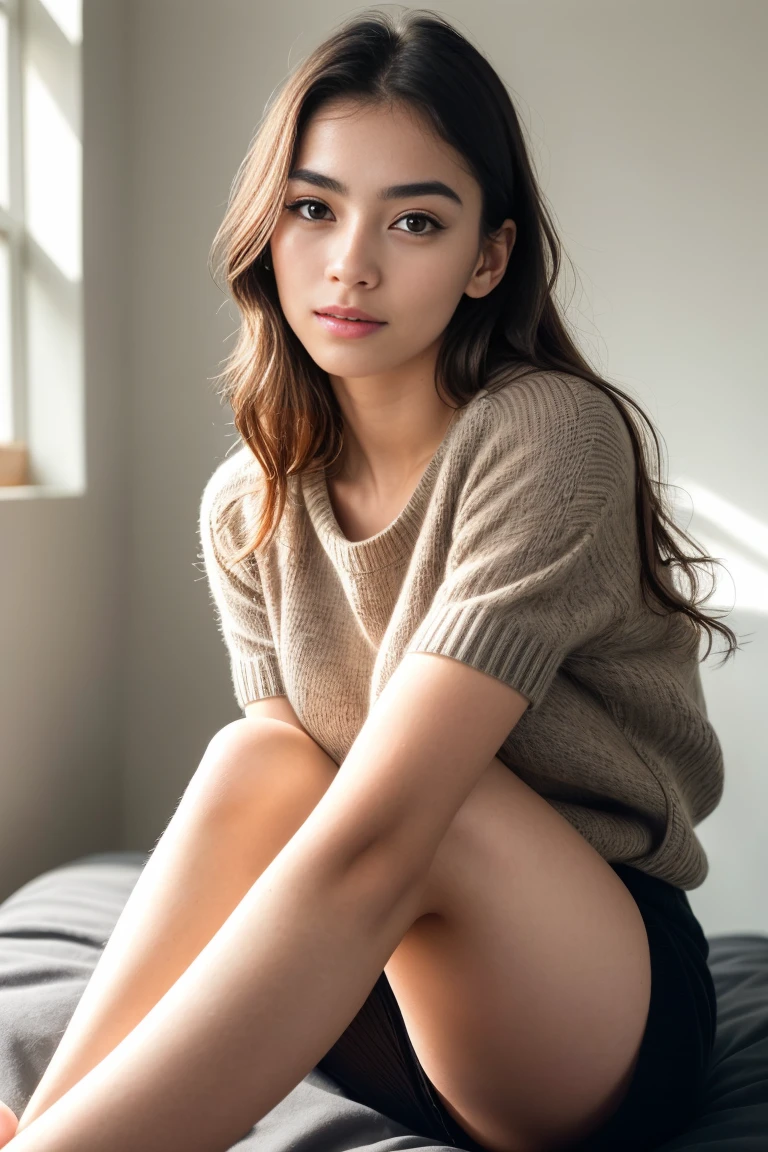 beautiful detailed young woman, 18 years old, black short sleeve sweater, visible legs, (best quality,4k,8k,highres,masterpiece:1.2),ultra-detailed,(realistic,photorealistic,photo-realistic:1.37),elegant,graceful,natural light,soft lighting,warm colors,detailed facial features,long eyelashes,full lips,glowing skin,portrait,fashion photography