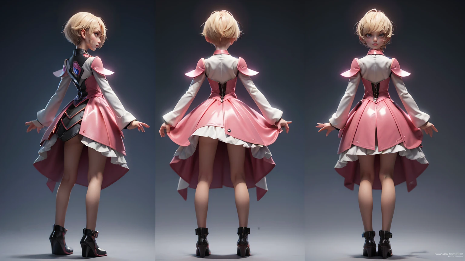 game girls, wearing a futuristic gaming dress in pink color, blond hairs, futuristic dress, gaming full straight standing pose, 14yo student, , Full body, boy, , gaming boy, Simple plain background, HD, standing, modern futuristic dress, front view, modern dresses, unique, Buzz Cut hair style, short hairs. +3 View prompt standing, 3 View Drawings, side and Front and back, Character Sheet, Full body, Simple white background, character reference sheet, Concept art, design sheet, Character Design, full body adoptable horizontal clear charcter