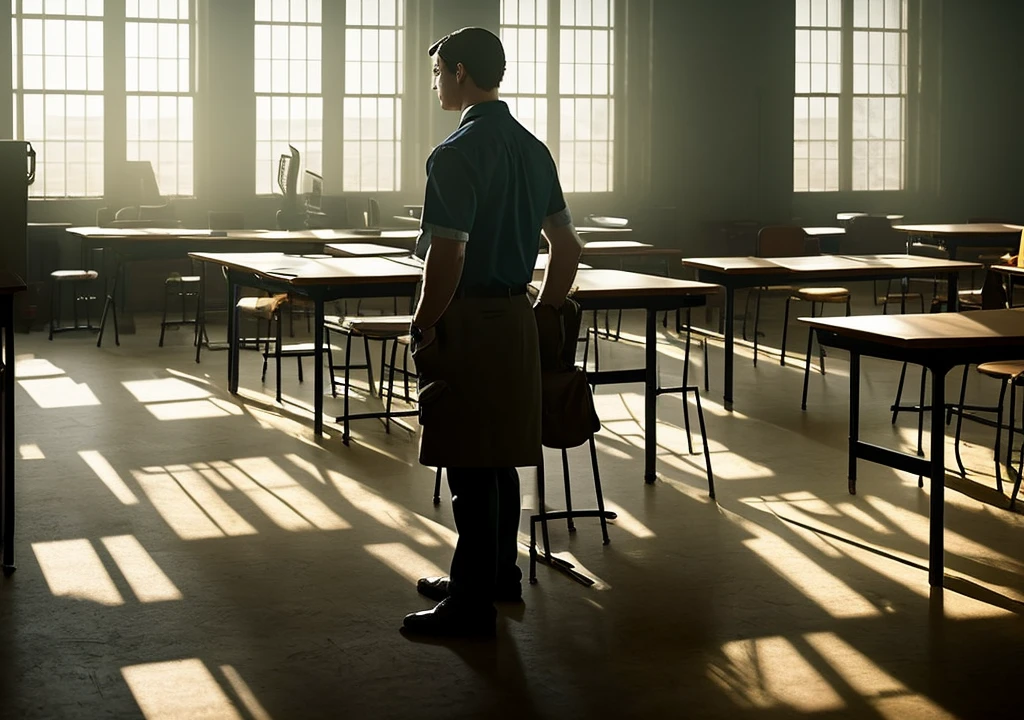 An empty classroom with desks and chairs neatly arranged, dimly lit with rays of the setting sun piercing through dusty windows. The lights flicker as a cold breeze rustles through the room, and Alex stands in the middle, checking his phone."