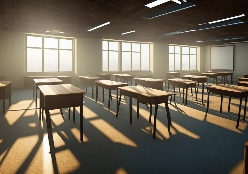 An empty classroom with desks and chairs neatly arranged, dimly lit with rays of the setting sun piercing through dusty windows. The lights flicker as a cold breeze rustles through the room, and Alex stands in the middle, checking his phone."