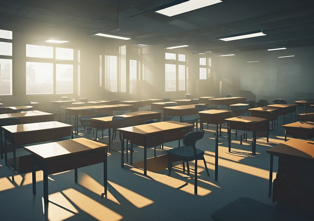 An empty classroom with desks and chairs neatly arranged, dimly lit with rays of the setting sun piercing through dusty windows. The lights flicker as a cold breeze rustles through the room, and Alex stands in the middle, checking his phone."