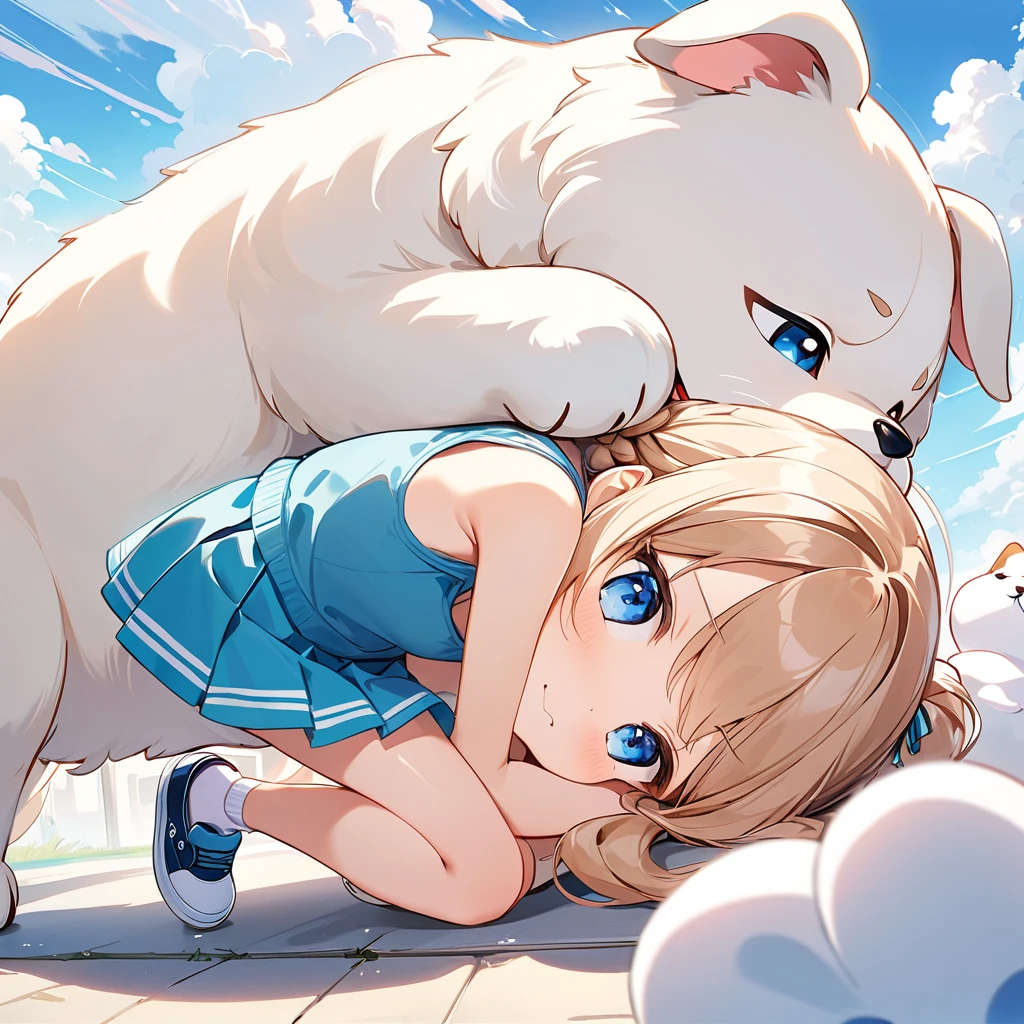 Highest quality、High resolution、Detailed Background、Beautiful face in every detail、Anatomically correct、Detailed facial expressions、fine grain、((full body, from below, side view, looking away:1.2)), ((One Girl))、Chibi Girl、Cute hair color、Big beautiful blue eyes、Braided twin tails、Elementary school, (Tank top、Ｖneck、mini skirt、Cute Shoes)、break　I'm a little scared、I have a lot of tears in my eyes、An expression that looks like it's about to cry、grassland、((Lying face down、Rest your chin on your hands and bend your knees))、((With a giant white puppy))、Close up hands、