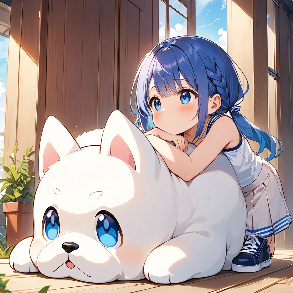 Highest quality、High resolution、Detailed Background、Beautiful face in every detail、Anatomically correct、Detailed facial expressions、fine grain、((full body, from below, side view, looking away:1.2)), ((One Girl))、Chibi Girl、Cute hair color、Big beautiful blue eyes、Braided twin tails、Elementary school, (Tank top、Ｖneck、mini skirt、Cute Shoes)、break　I'm a little scared、I have a lot of tears in my eyes、An expression that looks like it's about to cry、grassland、((Lying face down、Rest your chin on your hands and bend your knees))、((With a giant white puppy))、Close up hands、