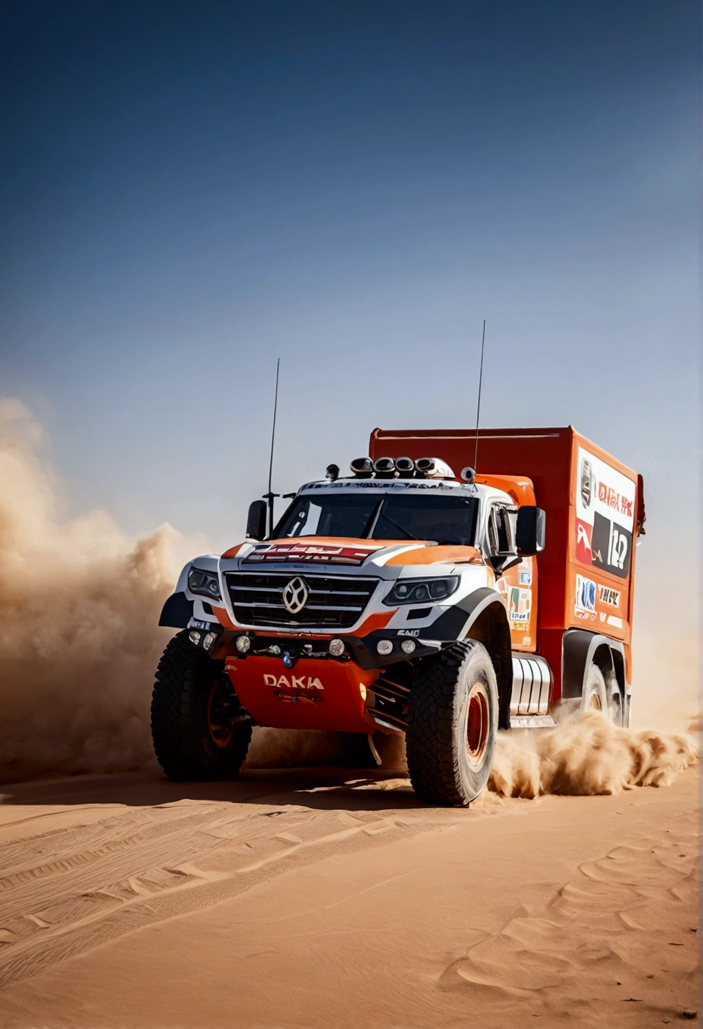 Big truck,front cabin,dakar race,intense rally race on desert