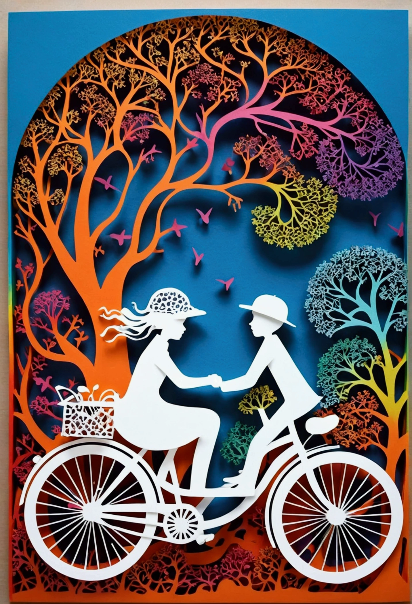 Masterpiece、(Mandelbrot Shapes);1.9、(Girl and boy riding bicycles paper cutting art、colourfull):1.9