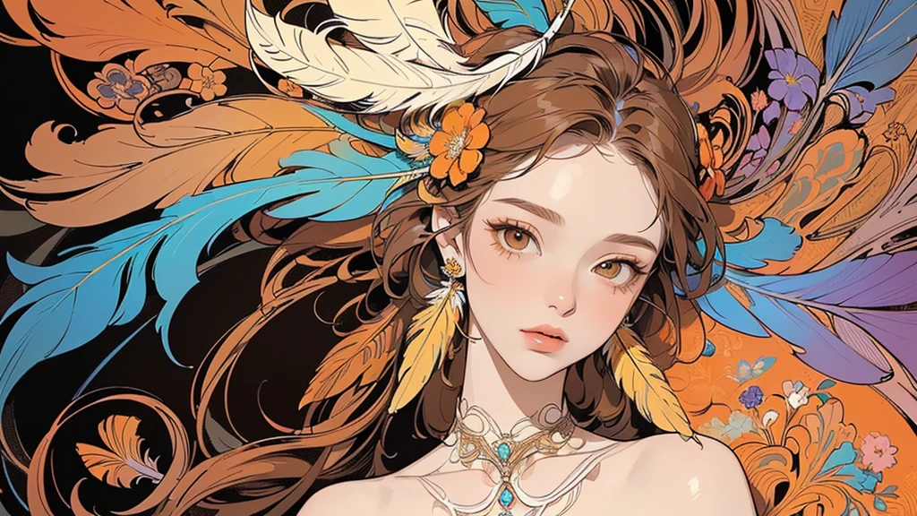 (masterpiece, quality, best quality, Official Art, Beautiful and beautiful:1.2), (1 girl:1.3), Very detailed,(Fractal Art:1.1),(colorful:1.1)(Flowers:1.3),Most detailed,(Tangled:1.2), whole body, (Abstract background:1.3), (Skin glows), (Many colors:1.4), ,(Earrings Feather:1.5), Pale orange and pale yellow background, Brown short hair,