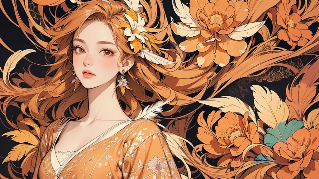(masterpiece, quality, best quality, Official Art, Beautiful and beautiful:1.2), (1 girl:1.3), Very detailed,(Fractal Art:1.1),(colorful:1.1)(Flowers:1.3),Most detailed,(Tangled:1.2), whole body, (Abstract background:1.3), (Skin glows), (Many colors:1.4), ,(Earrings Feather:1.5), Pale orange and pale yellow background, Brown short hair,