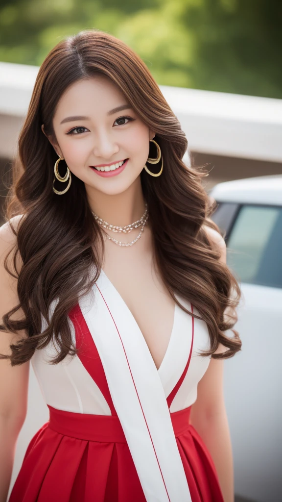 20-year-old woman in bright red and white dress、Wet Dress、 proportions、A shy smile、 Knee-high stockings、Adult female、((Highest quality、High resolution、high resolution、masterpiece))、Lifelike skin texture、Ultra-realistic photos、Long Wavy Hair、Dark brown hair, mini skirt、Race Queen、Promotion Girl、Event Companion、(Glossy Skin)、Brown eyes、Long Wavy Hair、Under the skirt、Big earrings、necklace、A girl's costume with sponsor logos printed on it、(Motorsport race venues)、Chest opening、Poses that accentuate the chest、RAW Photos