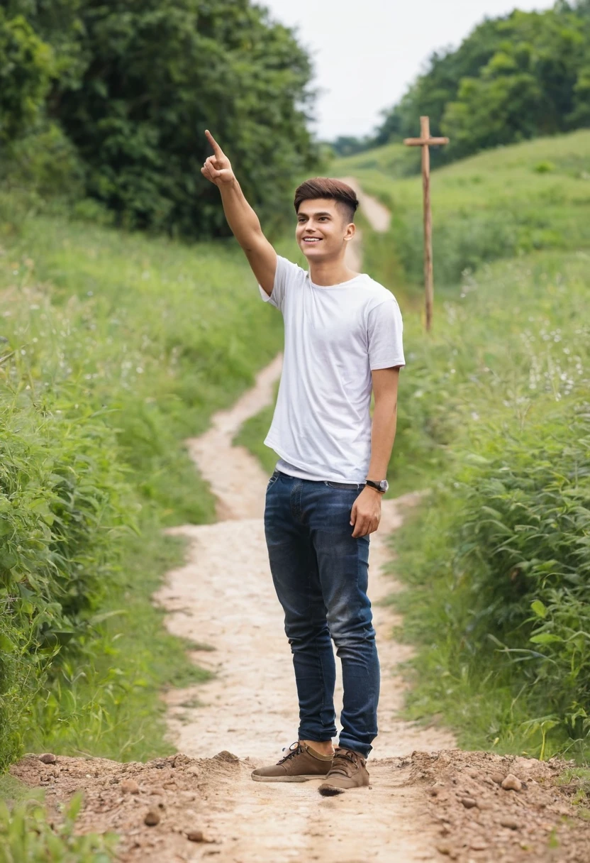 Create a young man in simple clothes, pointing to a cross at the end of a dirt path