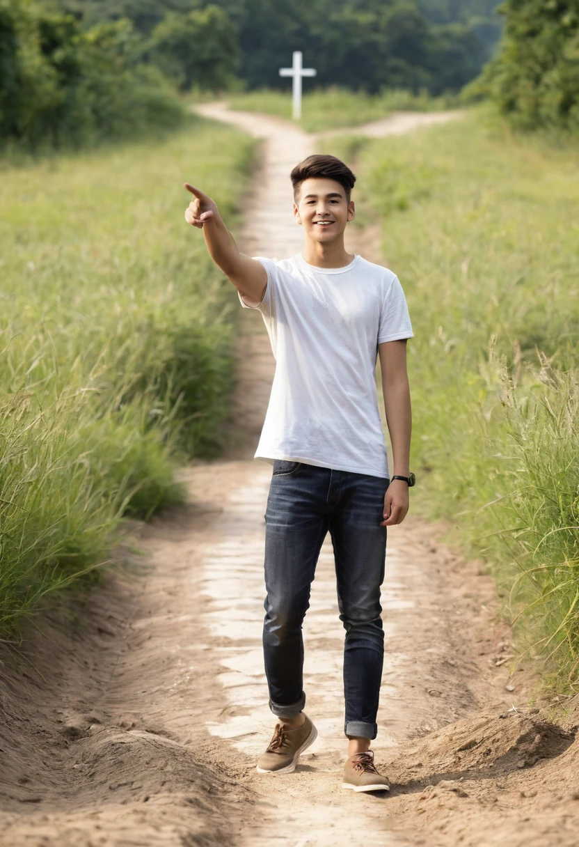 Create a young man in simple clothes, pointing to a cross at the end of a dirt path