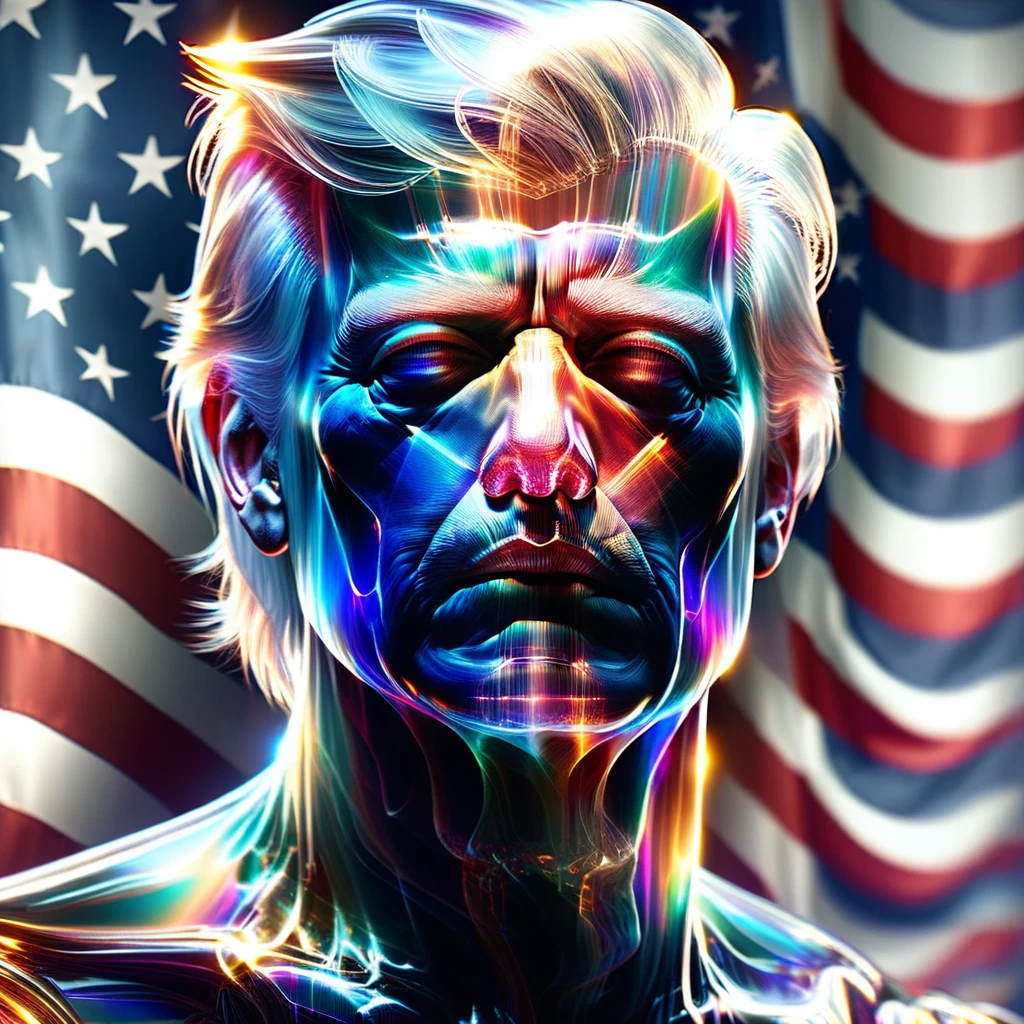 hyper detailed masterpiece, dynamic realistic digital art, incredible quality,transparentes, Donald Trump, united states flag