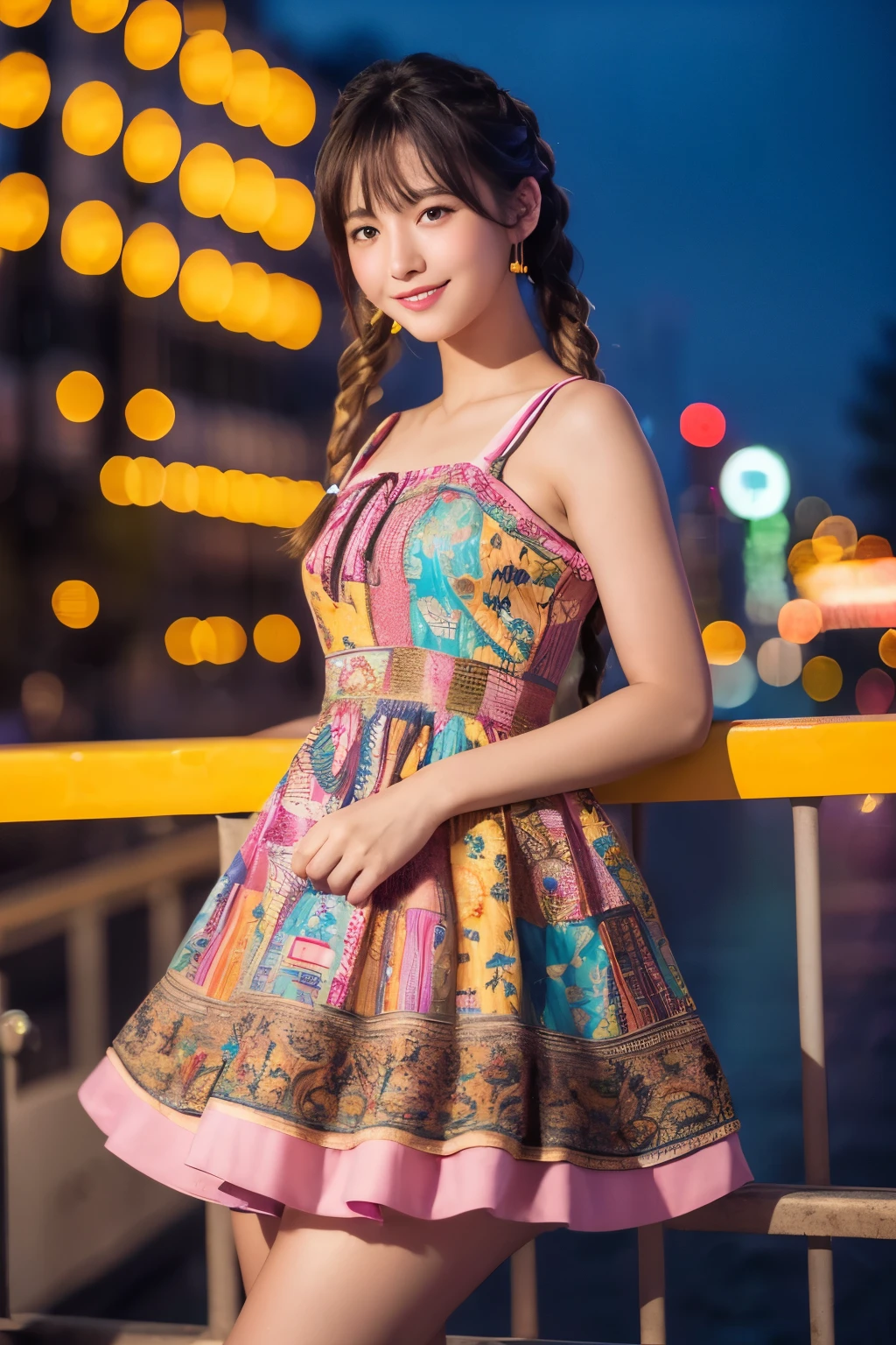 8k, Highest quality, masterpiece, Realistic, Super detailed, photograph, High resolution, ROWphotograph, High resolution, Absurd, Cinematic Light, Official Art, High resolution, Depth of written boundary,
(close:1.2), Beautiful feet, thin, cute顔, smile, Beautiful details in the eyes, 19 years old Korean, cute, Bright pink dutch braids, Detailed skin,
(Intricately patterned dress:1.4), (Colorful lights:1.4), (night:1.4), City Street, (neon:1.2),
