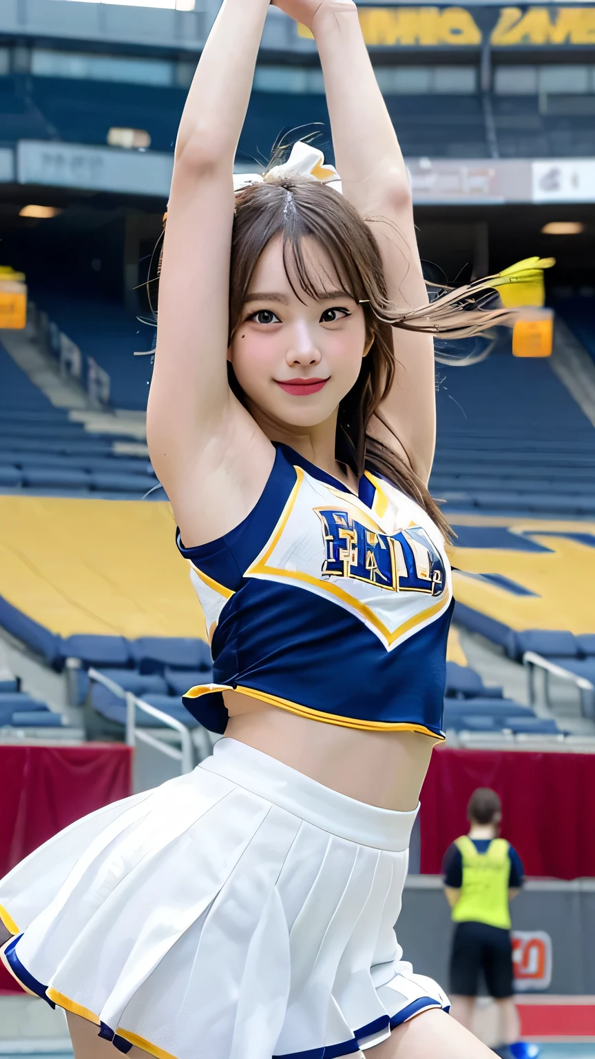 The pieces fly, Highest quality, figure, Very detailed, finely, High resolution, 8k wallpaper, Perfect dynamic composition, finelyてBeautiful Eyes,Medium Hair,Small Breasts Natural Color Lip, Bold sexy pose,smile,Harajuku、20-year-old girl、cute、sexy shot looking at camera、Natural Hair , whole body((Realistic lighting, Highest quality, 8k, masterpiece: 1.3)), Clear focus: 1.2, 1 girl, Perfect figure: 1.4,(Cheerleader:1.3),(Outdoor:1.5),(Look at armpits:1.5),(Stadium:1.1),(Cheer Dance:1.3) Very beautiful face, Beautiful Eyes, double eyelid,smile