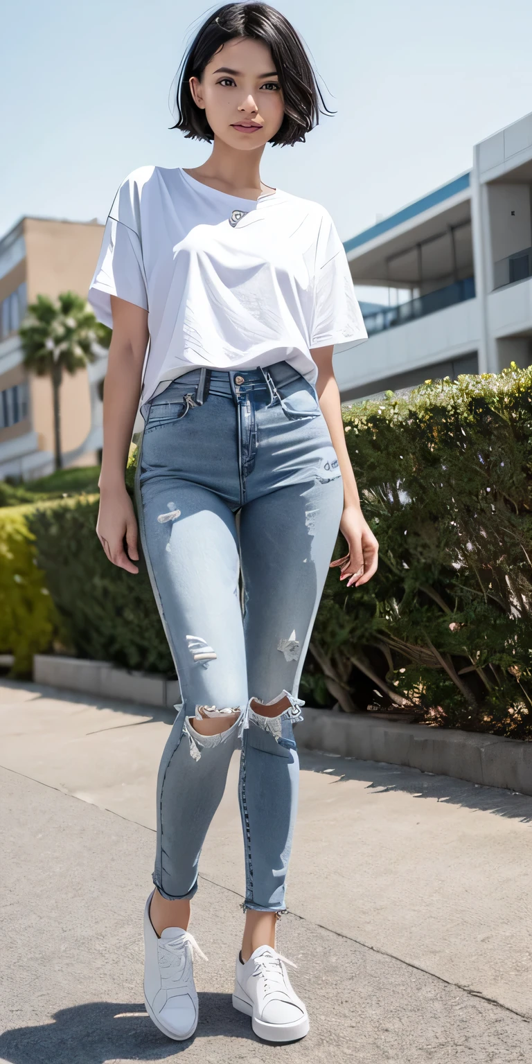 beautiful girl, Black Hair、,Short Haircut、Ear piercing、 white t-shirt, gray coat, Skinny jeans、sneakers、smile、Beautiful teeth alignment、The background is the building's corridor.