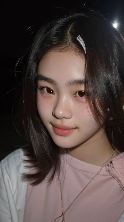 there is a young girl that is holding a cell phone, (((low light))), south east asian with round face, she is about 1 6 years old, beuatiful face, 18 years old, slight cute smile, around 1 9 years old, face picture, close up potrait, with accurate face, low quality photo, perfectly lit face