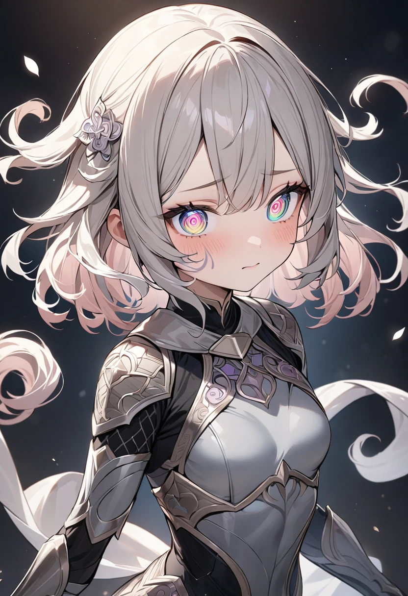 (masterpiece, top quality, very aesthetic, 4k、illustration), intricate detail, 1girl,Standing 、(upper body)、clear face、(Swirling eyes:1.3)、,
Cute 、Random Hair Color、,middle hair,sidelock ,Random Color eyes、ninjaarmor clothes、small breasts、Slim 、