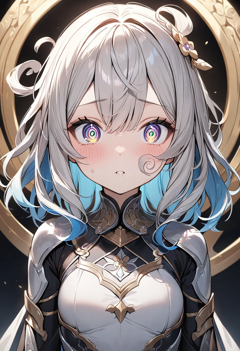 (masterpiece, top quality, very aesthetic, 4k、illustration), intricate detail, 1girl,Standing 、(upper body)、clear face、(Swirling eyes:1.3)、,
Cute 、Random Hair Color、,middle hair,sidelock ,Random Color　eyes、ninjaarmor clothes、small breasts、Slim 、