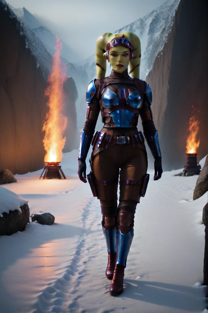 a ((fall body)) ((female twi'lek ))mandalorian,walking on snow fire, beautiful detailed eyes, beautiful detailed lips, extremely detailed face, long eyelashes, mandalorian armor, sci-fi, cinematic lighting, dramatic, epic, intricate details, hyper-realistic, 8k, high-quality, photorealistic
