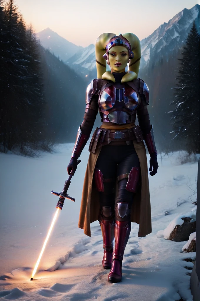 a ((fall body)) ((female twi'lek ))mandalorian,walking on snow fire, beautiful detailed eyes, beautiful detailed lips, extremely detailed face, long eyelashes, mandalorian armor, sci-fi, cinematic lighting, dramatic, epic, intricate details, hyper-realistic, 8k, high-quality, photorealistic
