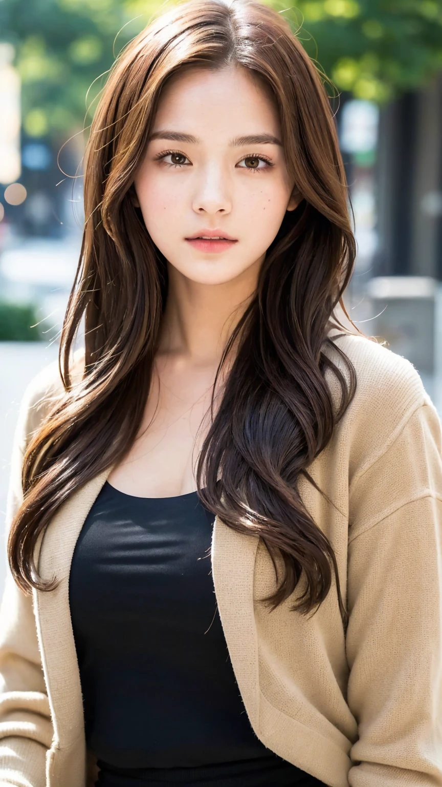 "Create an image of a beautiful AI woman with features reminiscent of Emma Watson. She has expressive brown eyes, a delicate face with elegant and natural beauty. Her hair is a rich chestnut brown, styled in soft waves that frame her face. She is dressed in a stylish and sophisticated outfit, suitable for a modern fashion icon. The background should blend urban chic and nature, reflecting a balance between city life and serene landscapes. Ensure that the image focuses on a single individual