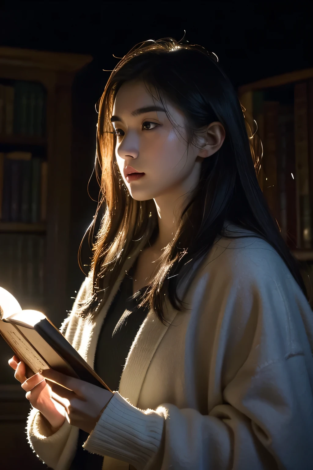 best quality, masterpiece, Ultra-high resolution，in the darkness, Deep Shadows, Low profile, Cold Light，Super beautiful face，Eyebrows are picturesque，White，antiquity，，Listening to the rain，Holding a pile of books in his hands