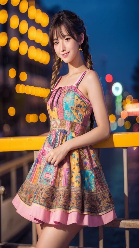 8k, Highest quality, masterpiece, Realistic, Super detailed, photograph, High resolution, ROWphotograph, High resolution, Absurd, Cinematic Light, Official Art, High resolution, Depth of written boundary,
(close:1.2), Beautiful feet, thin, cute顔, smile, Beautiful details in the eyes, 19 years old Korean, cute, Bright pink dutch braids, Detailed skin,
(Intricately patterned dress:1.4), (Colorful lights:1.4), (night:1.4), City Street, (neon:1.2),