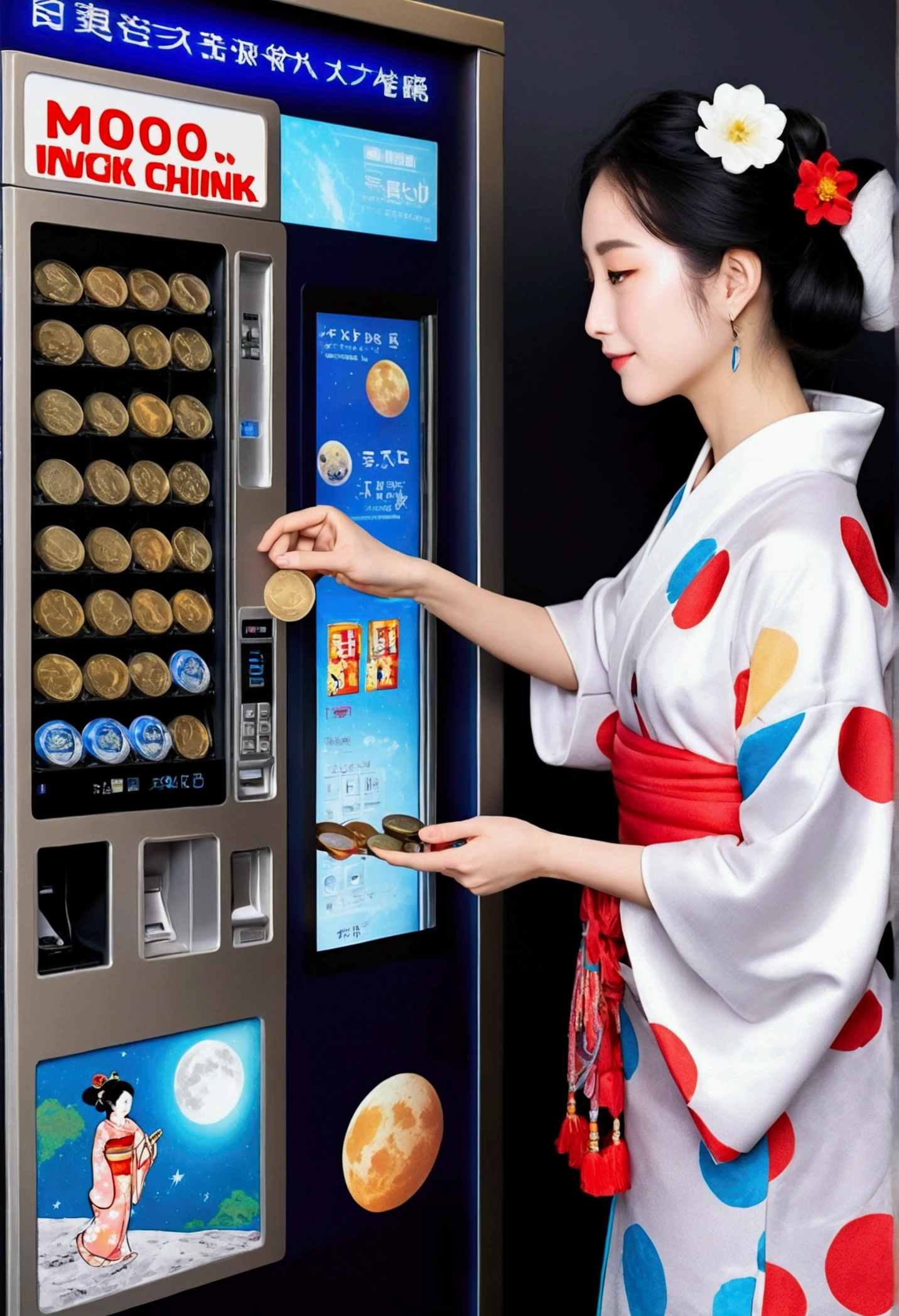 NASA Pictures、Create a photo of a beautiful woman putting a coin into a vending machine on the moon. The vending machine light box「cool drink」is written。. The vending machine is white. On the moon、universe space、Princess Kaguya in a kimono、