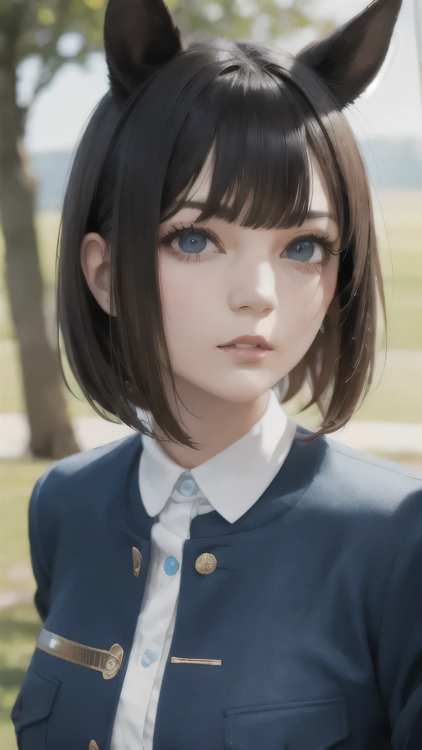 Deep Impact personified,Horse-eared beauty,Horse tail,Horse Girl,Based on black, yellow and blue、Clothing with a lightning motif,Highest quality,Sharp focus,Short hair with bangs