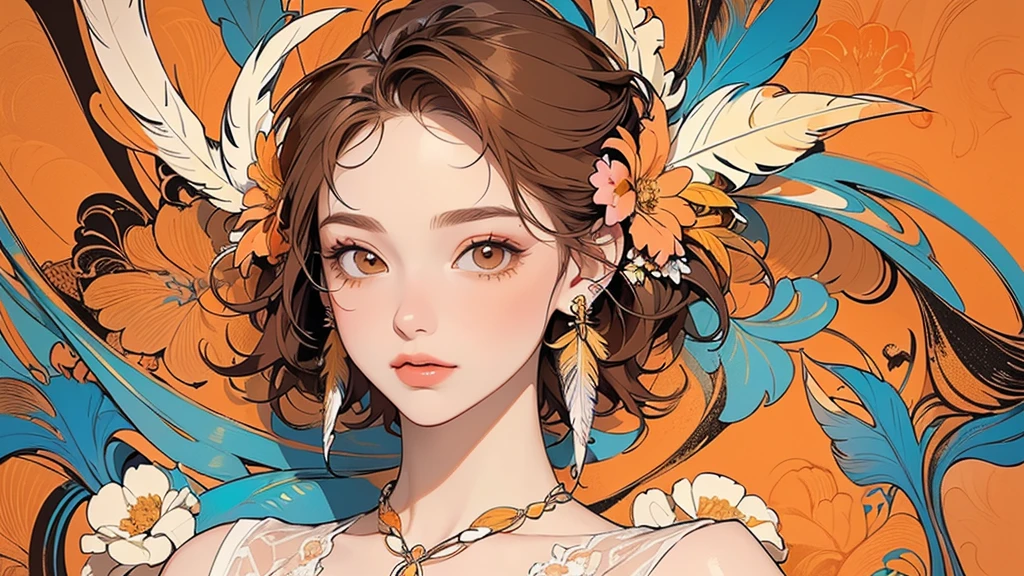 (masterpiece, quality, best quality, Official Art, Beautiful and beautiful:1.2), (1 girl:1.3), Very detailed,(colorful:1.1)(Flowers:1.3),Most detailed,(Tangled:1.2), whole body, (Abstract background:1.3), (Skin glows), (Many colors:1.4), ,(Earrings Feather:1.5), Pale orange and pale yellow background, Brown short hair,