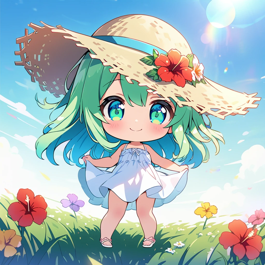 masterpiece, best quality, 4k、2D illustration, one beautiful girl, solo、(((chibi style)))、((vivid colors))、cute chibi, lovely chibi、((colorful))、((long beautiful hair)), glossy light green hair, hair between eyes, cute, beautifully detailed eyes、((white summer dress))、((straw hat))、hibiscus hair ornament, flip-flops, ((happy smile))、((full body shot))、((summer grasslands))、((pretty flowers)), ((gentle breeze))、((blue sky))、sunbeam, white light, ((lens flare)), ((high color saturation)),