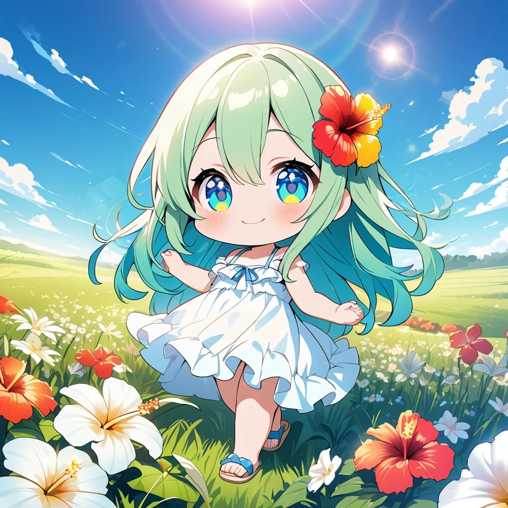 masterpiece, best quality, 4k、2D illustration, one beautiful girl, solo、(((chibi style)))、((vivid colors))、cute chibi, lovely chibi、((colorful))、((long beautiful hair)), glossy light green hair, hair between eyes, cute, beautifully detailed eyes、((white summer dress))、((straw hat))、hibiscus hair ornament, flip-flops, ((happy smile))、((full body shot))、((summer grasslands))、((pretty flowers)), ((gentle breeze))、((blue sky))、sunbeam, white light, ((lens flare)), ((high color saturation)),