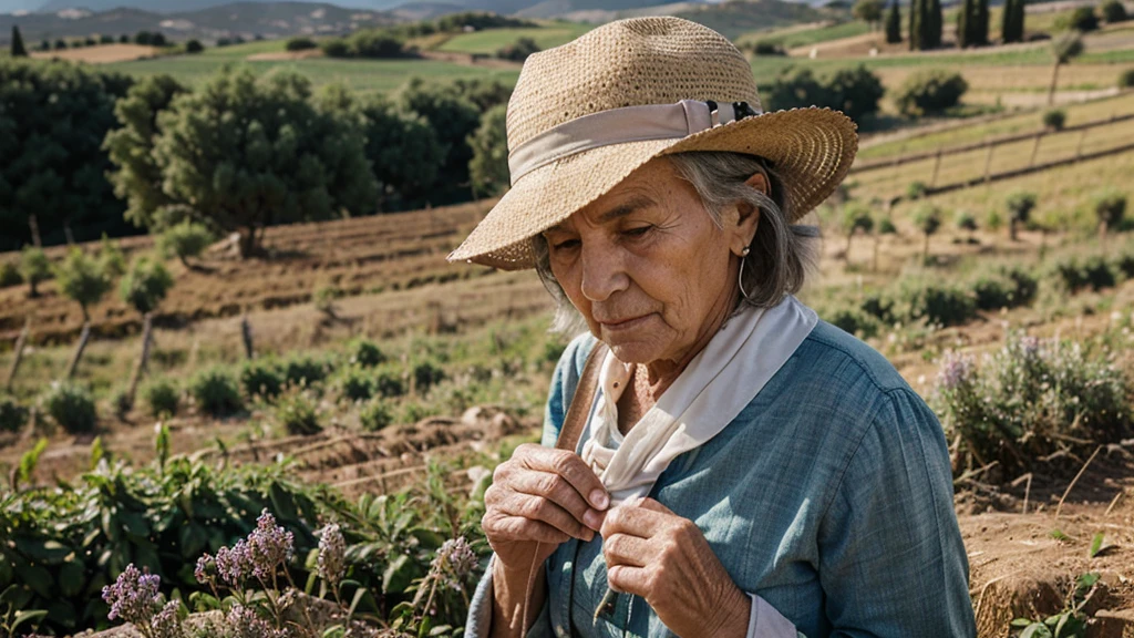 elderly woman working in the fields of Sardinia