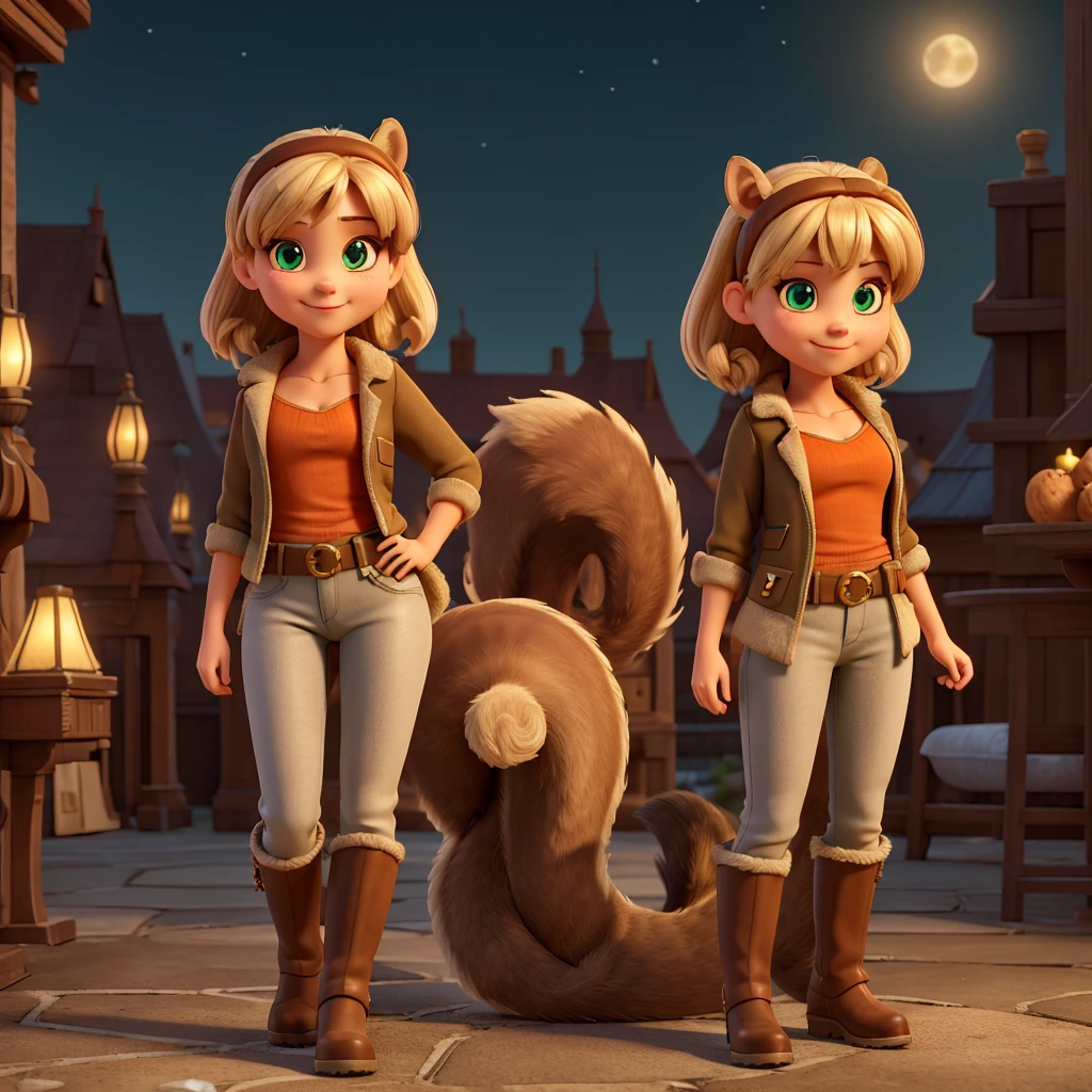 ,(Highly quality, masterpiece, detailed), Night city detailed scenario, Night city detailed background, 20 years old girl, cleavage, smile, green eyes, Squirrel girl, shirt hair, hairband, Brown jacket, orange shirt, crop top, gold belt, white pants, boots, fluffy boots, Squirrel tail, Abdomen, Navel, beautiful eyes, perfect eyes, looking at the viewer, Sexy pose