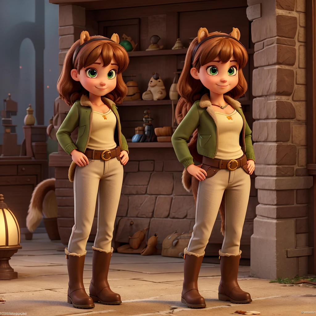 ,(Highly quality, masterpiece, detailed), Night city detailed scenario, Night city detailed background, 20 years old girl, cleavage, smile, green eyes, Squirrel girl, shirt hair, hairband, Brown jacket, orange shirt, crop top, gold belt, white pants, boots, fluffy boots, Squirrel tail, Abdomen, Navel, beautiful eyes, perfect eyes, looking at the viewer, Sexy pose