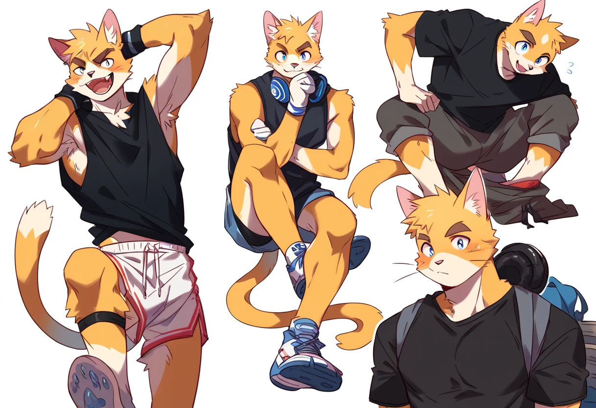 score_9, score_8_up, score_7_up, male, furry, high quality, hires, anthro, teenager, 16 years old, domestic cat, basketball player, bright yellow fur, blue eyes, wide brown eyebrows, excited expression, humanoid feet, slim body, prominent v-line, prominent abs, prominent legs, prominent forearm, prominent knees, white background, treasure trail, armpit hair, furry legs, in various sexy poses, headphones, casual clothes, joggers, black shirt, shorts, showing off, folded arms