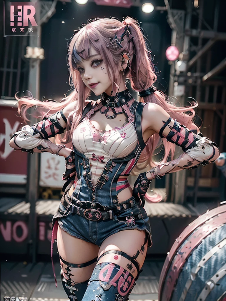 (Full Body View:1.2)、(Side view:1.1)、(Smiling with teeth showing:1.3),(Shibuya Gal:1.5)、(Race Queen Cosplay:1.4)、(Gothic Lolita style fashion:1.5)、(Punk RockVisual Kei:1.5)、(Wearing a rhythmic gymnastics bodysuit with intricate details:1.4)、(Racing suit and pants with intricate decorations in magenta, denim and wine red:1.5)、(Red, brown and white boots:1.3)、((Red Belt))、(Numerous delicate logo marks all over the costume:1.4)、(collar:1.3)、(Striped underwear:1.5)、30 years old、NSFW、((Highest quality、In 8K、masterpiece:1.3))、Sharp focus:1.2、(Layered Cut、Huge boobs:1.1),Beautiful woman with perfect figure:1.4、(Dancing vigorously:1.3)、Slender Abs:1.2、Highly detailed face and skin texture、Detailed eyes、double eyelid,(Twin tails:1.3)、(Pink and cream hair:1.3)、Gravure idol、(The background is the stage of the fashion show:1.3)、(Slim Body:1.4),(Make your legs thinner:1.4),(clavicle:1.1)、(Thin and slim thighs:1.3)