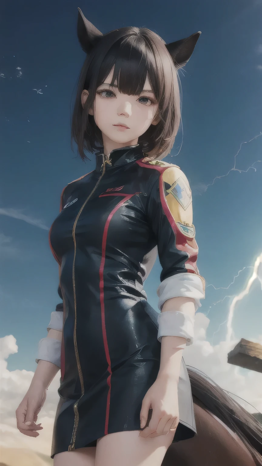 Deep Impact personified,Horse-eared beauty,Horse tail,Horse Girl,Based on black, yellow and blue、Clothing with a lightning motif,Highest quality,Sharp focus,Short hair with bangs