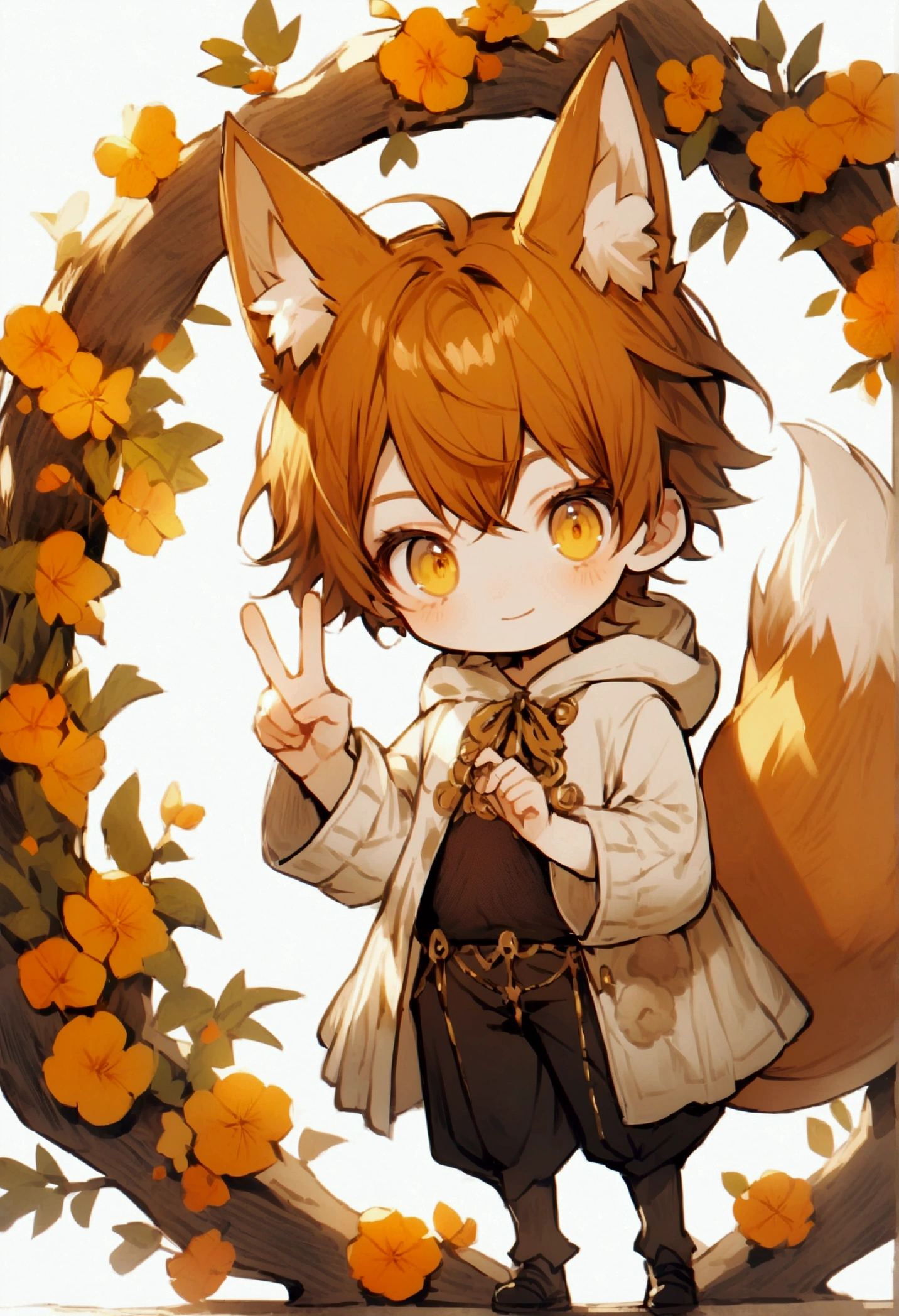 fullbody,(((1boy))),{{{a }}},hood, beautiful dark orange hair, Short hair, slightly fluffy, with naturally curly ends ,beautiful yellow eyes,fox ears,1fox tail,peace hand,light smile,whitle background,