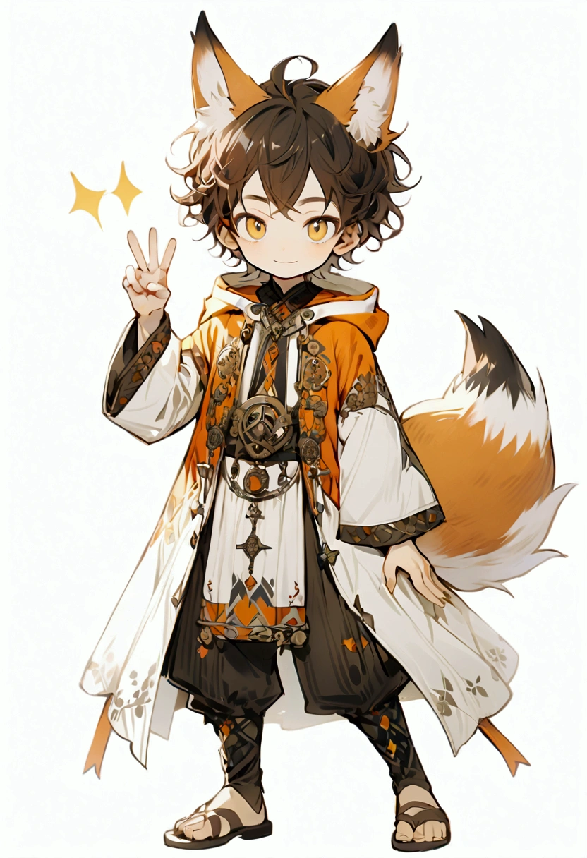 fullbody,(((1boy))),{{{a little boy}}},hood, beautiful dark orange hair, Short hair, slightly fluffy, with naturally curly ends ,beautiful yellow eyes,fox ears,1fox tail,peace hand,light smile,whitle background,