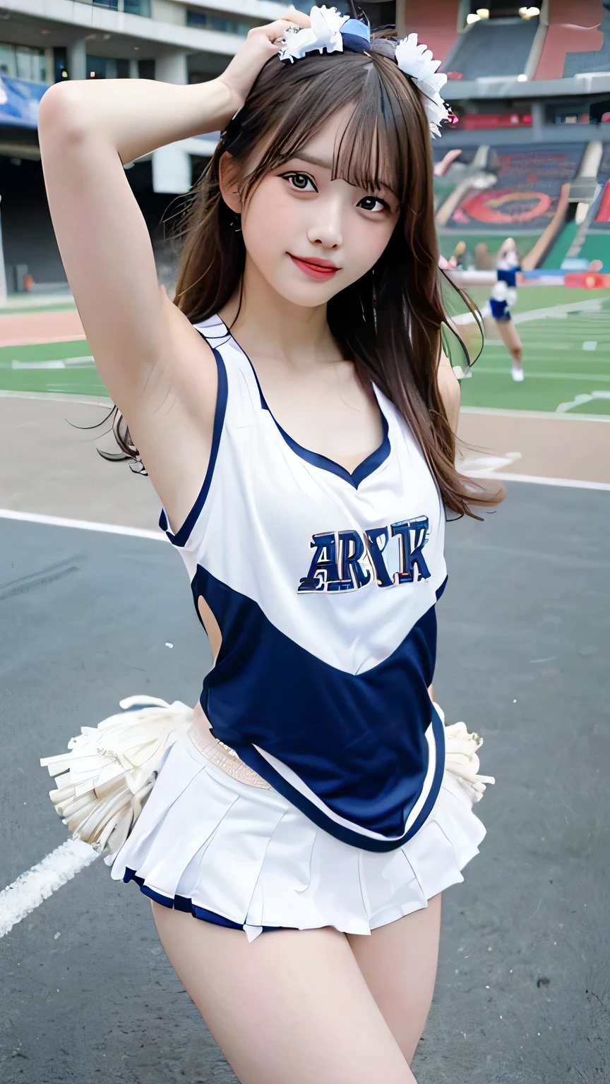 cheerleader,little smile,cheer leading,cheerleader uniform, (((masterpiece))), (((best quality))), ((ultra-detailed)), (illustration), ((an extremely delicate and beautiful)),(bokeh,blurry background),(best shadow), 1girl,white panties, black hair, long hair, kawaii,cute,, shine Highlight Spot on eyes, character focus,head tilt,