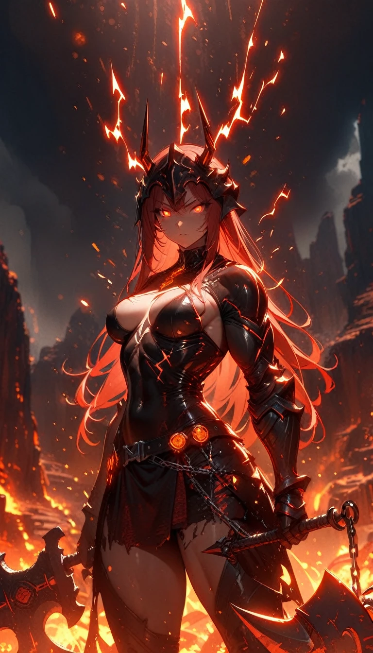((best quality)) , ((masterpiece)) , (detailed),axe, 1girl, female focus, horns, glowing eyes, holding, beard, glowing, solo, weapon, holding axe, facial hair, muscular, fire, holding weapon, chain, looking at viewer, long hair, lightning, muscular female, red hair, horned helmet, armor, helmet, belt, fake horns, molten rock, feet out of frame, standing, battle axe, electricity