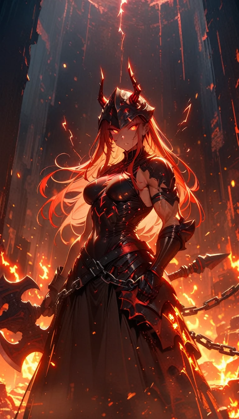 ((best quality)) , ((masterpiece)) , (detailed)，axe, 1girl, female focus, horns, glowing eyes, holding, beard, glowing, solo, weapon, holding axe, facial hair, muscular, fire, holding weapon, chain, looking at viewer, long hair, lightning, muscular female, red hair, horned helmet, armor, helmet, belt, fake horns, molten rock, feet out of frame, standing, battle axe, electricity